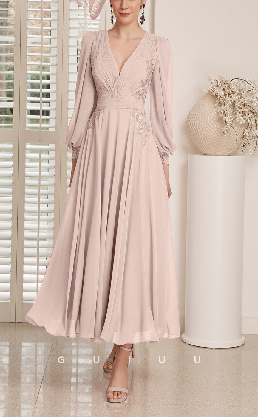 GM721 - Elegant & Modern A-Line V-Neck Long Lantern Sleeves Draped Ankle-Length Mother of the Bride Dress