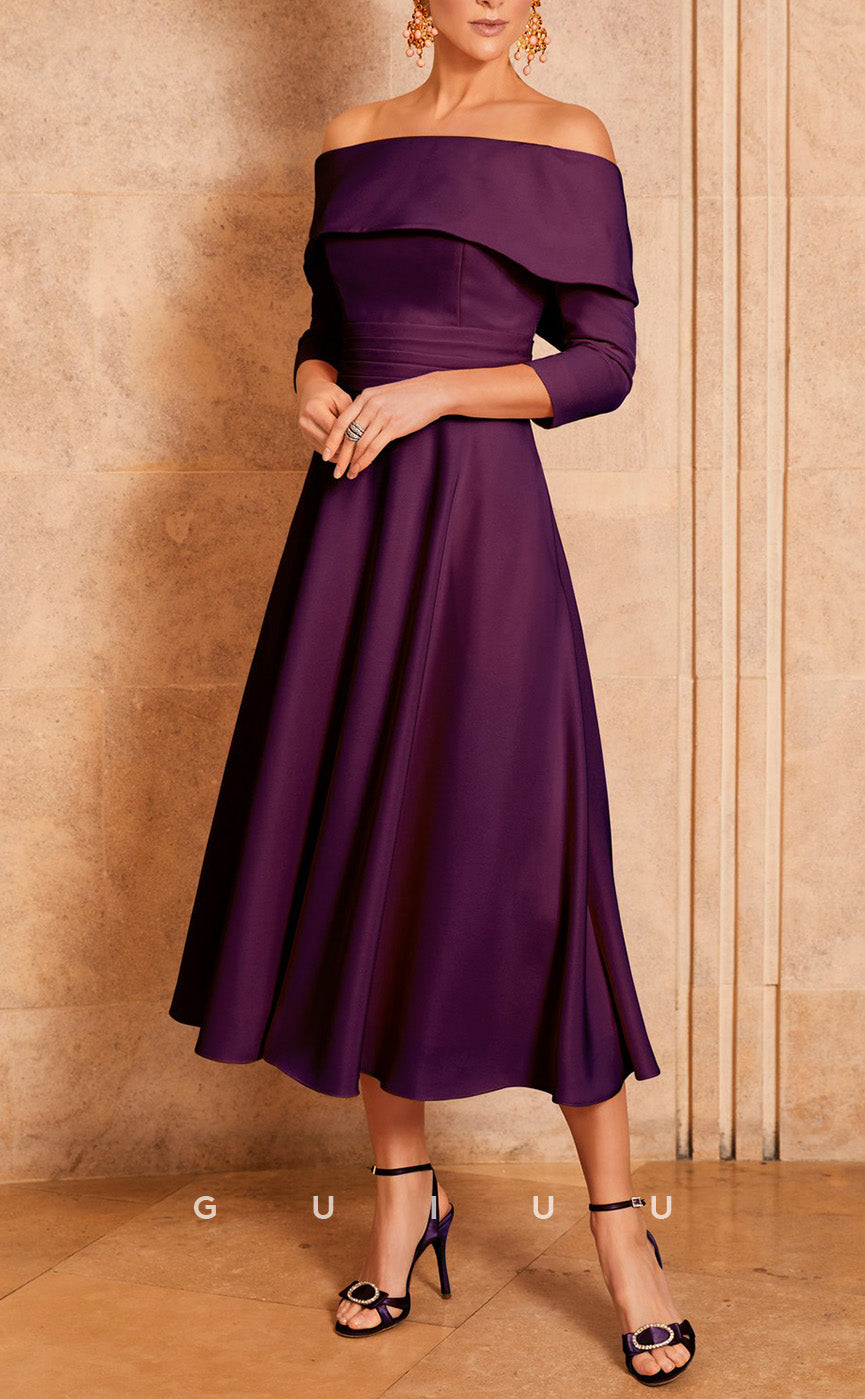GM727 - Elegant & Classic A-Line Off Shoulder Quarter Sleeves Draped Bowknot Tea-Length Mother of the Bride Dress