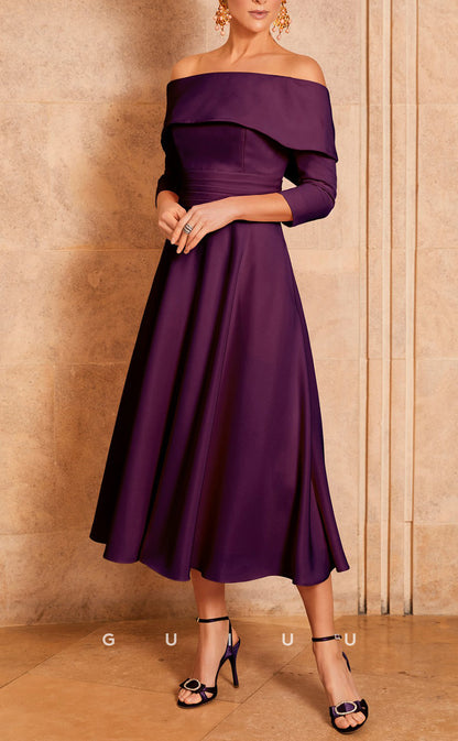 GM727 - Elegant & Classic A-Line Off Shoulder Quarter Sleeves Draped Bowknot Tea-Length Mother of the Bride Dress