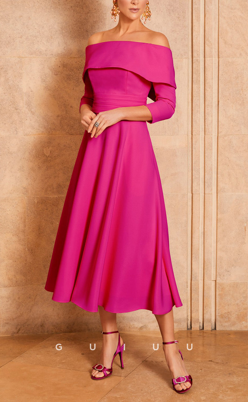 GM727 - Elegant & Classic A-Line Off Shoulder Quarter Sleeves Draped Bowknot Tea-Length Mother of the Bride Dress