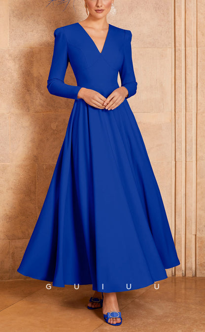 GM729 - Classic & Timeless A-Line V-Neck Long Sleeves Draped Ankle-Lgength Mother of the Bride Dress