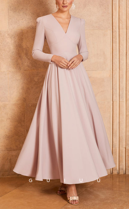 GM729 - Classic & Timeless A-Line V-Neck Long Sleeves Draped Ankle-Lgength Mother of the Bride Dress