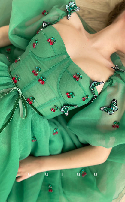 GH422 - A Line Sweetheart Short Sleeves Green Cute Homecoming Dress