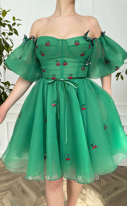 GH422 - A Line Sweetheart Short Sleeves Green Cute Homecoming Dress