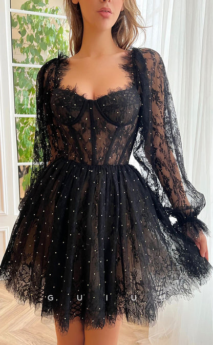 GH408 - A line Sweetheart Long Sleeves Black Lace Vintage Homecoming Dress