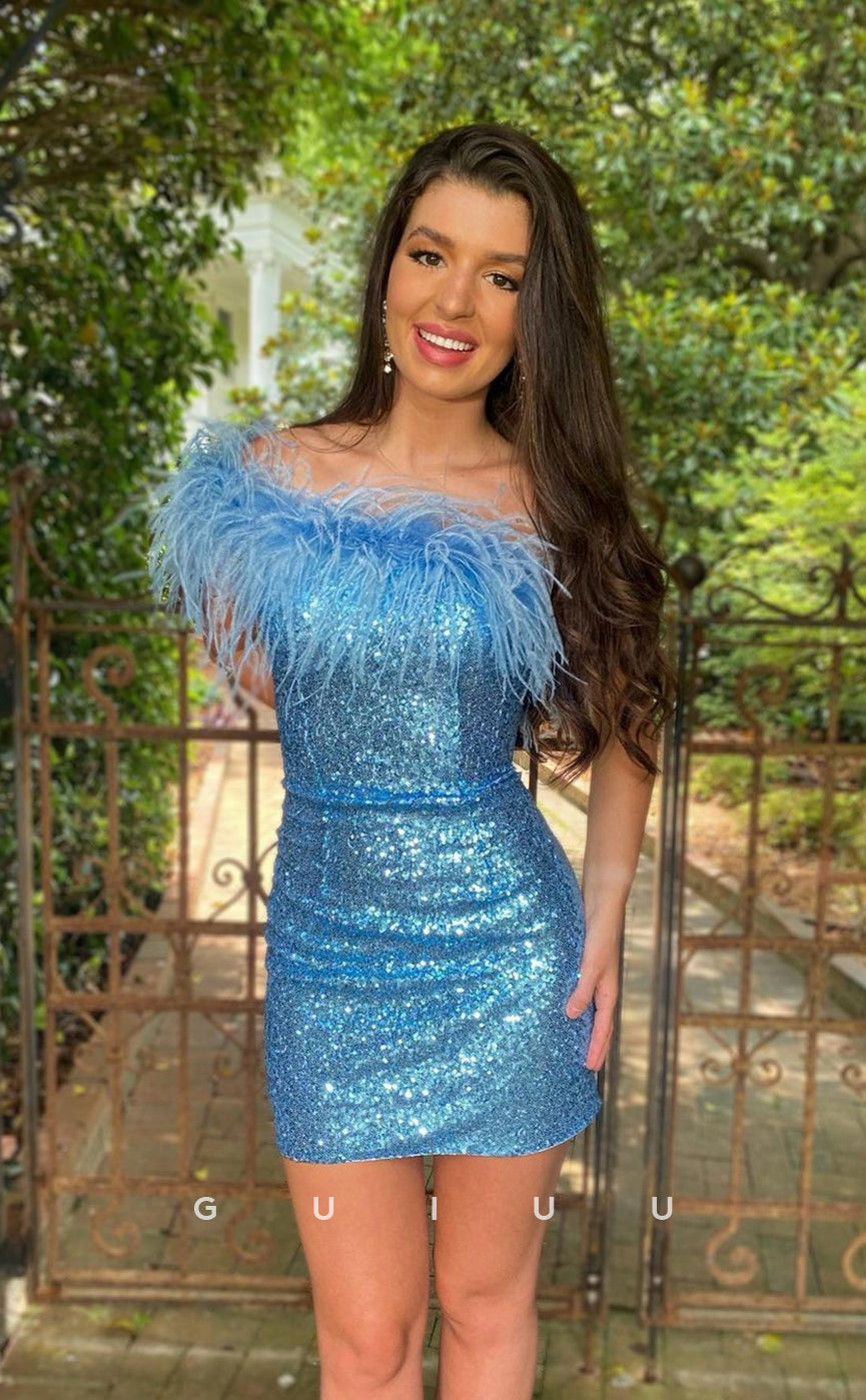 GH429 - Sheath/Column One Shoulder Feathers Short Homecoming Graduation Dress