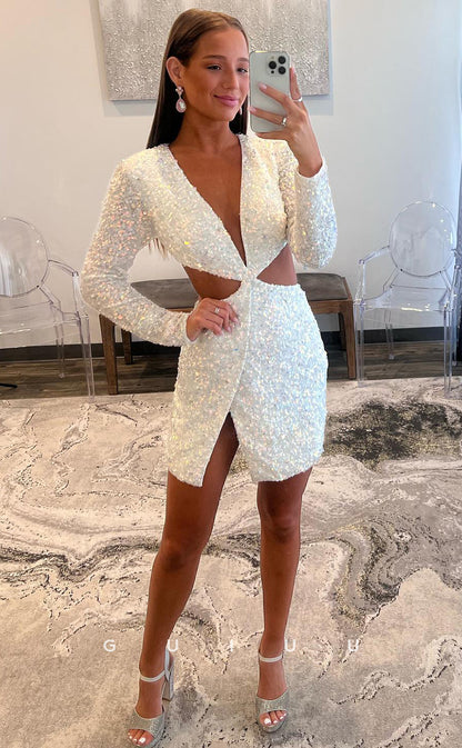 GH424 - Sexy Deep V Neck Long Sleeves Short Homecoming Dress Tight