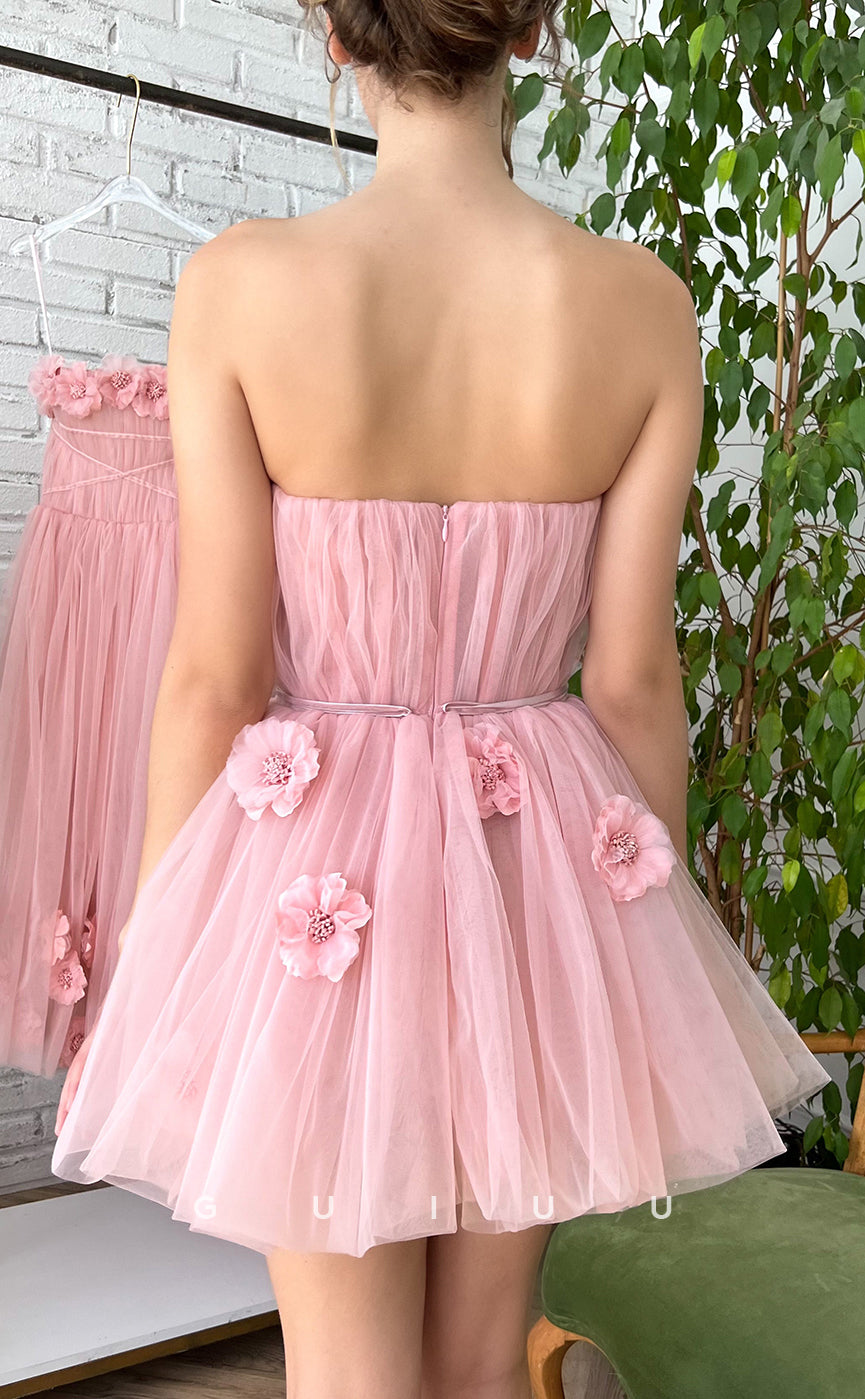 GH414 - A Line Strapless 3D Flowers Pink Cute Homecoming Dress