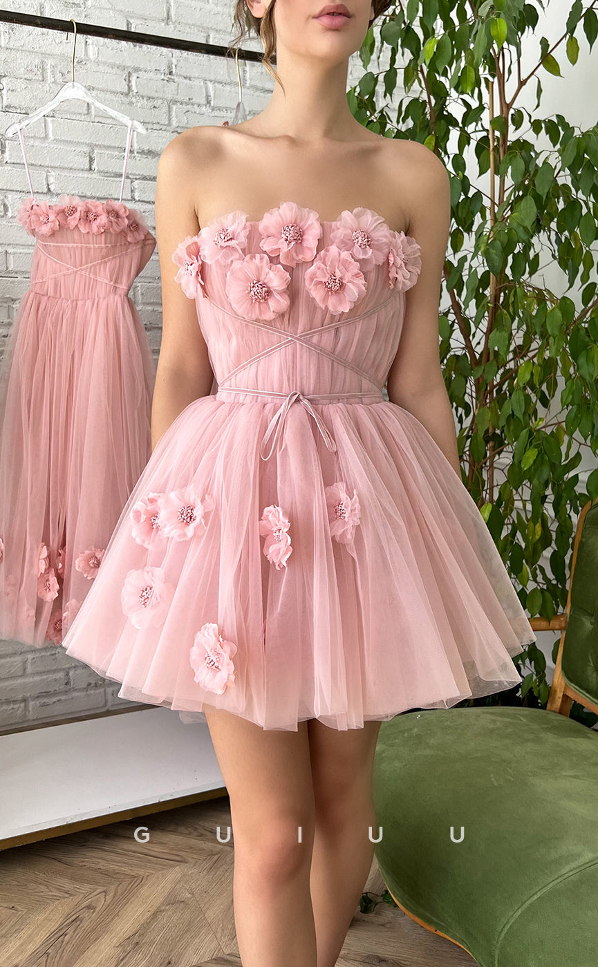 GH414 - A Line Strapless 3D Flowers Pink Cute Homecoming Dress