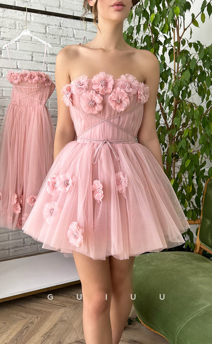 GH414 - A Line Strapless 3D Flowers Pink Cute Homecoming Dress