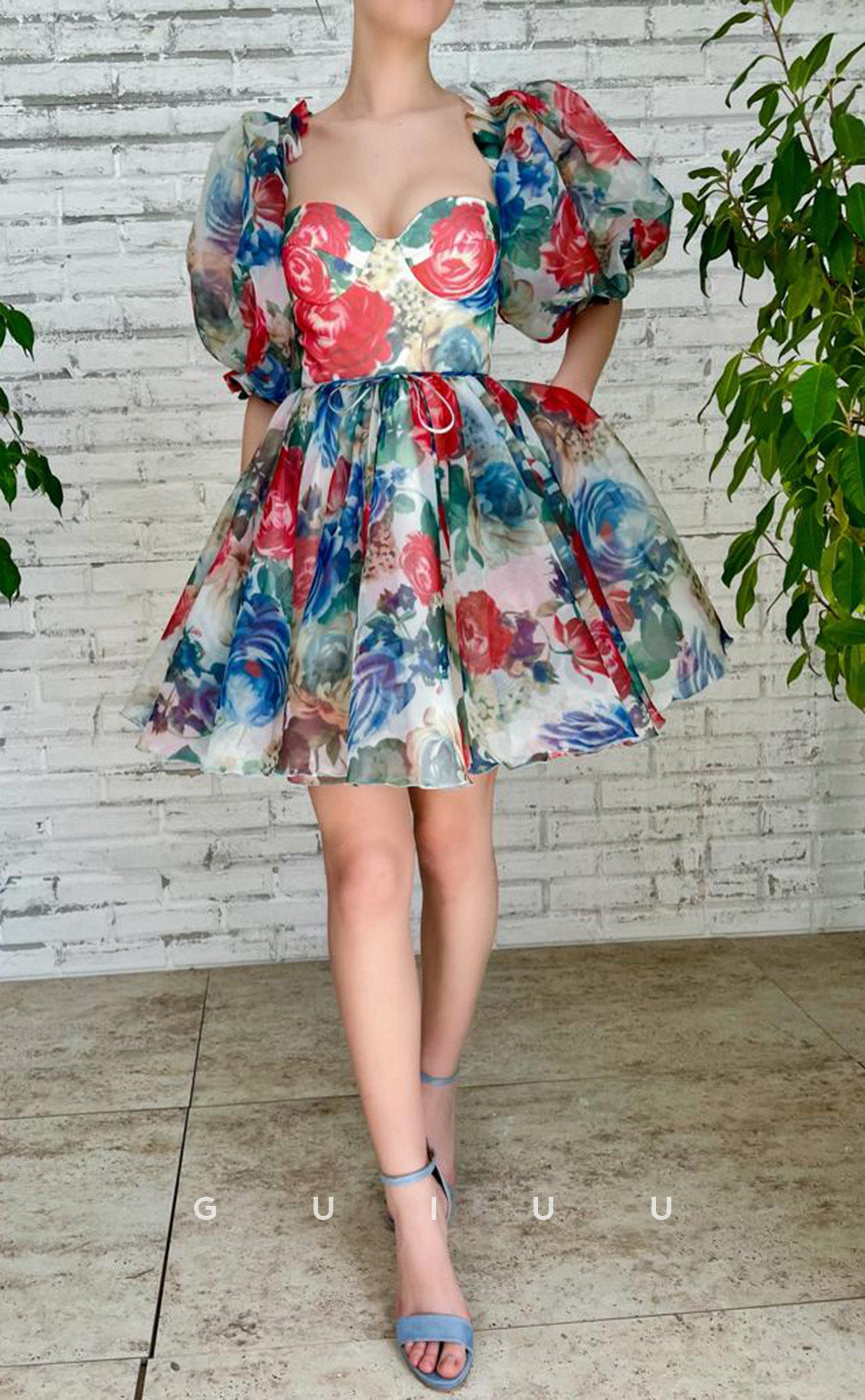 GH415 - A line Sweetheart Half Sleeves Floral Vintage Homecoming Dress with Pockets
