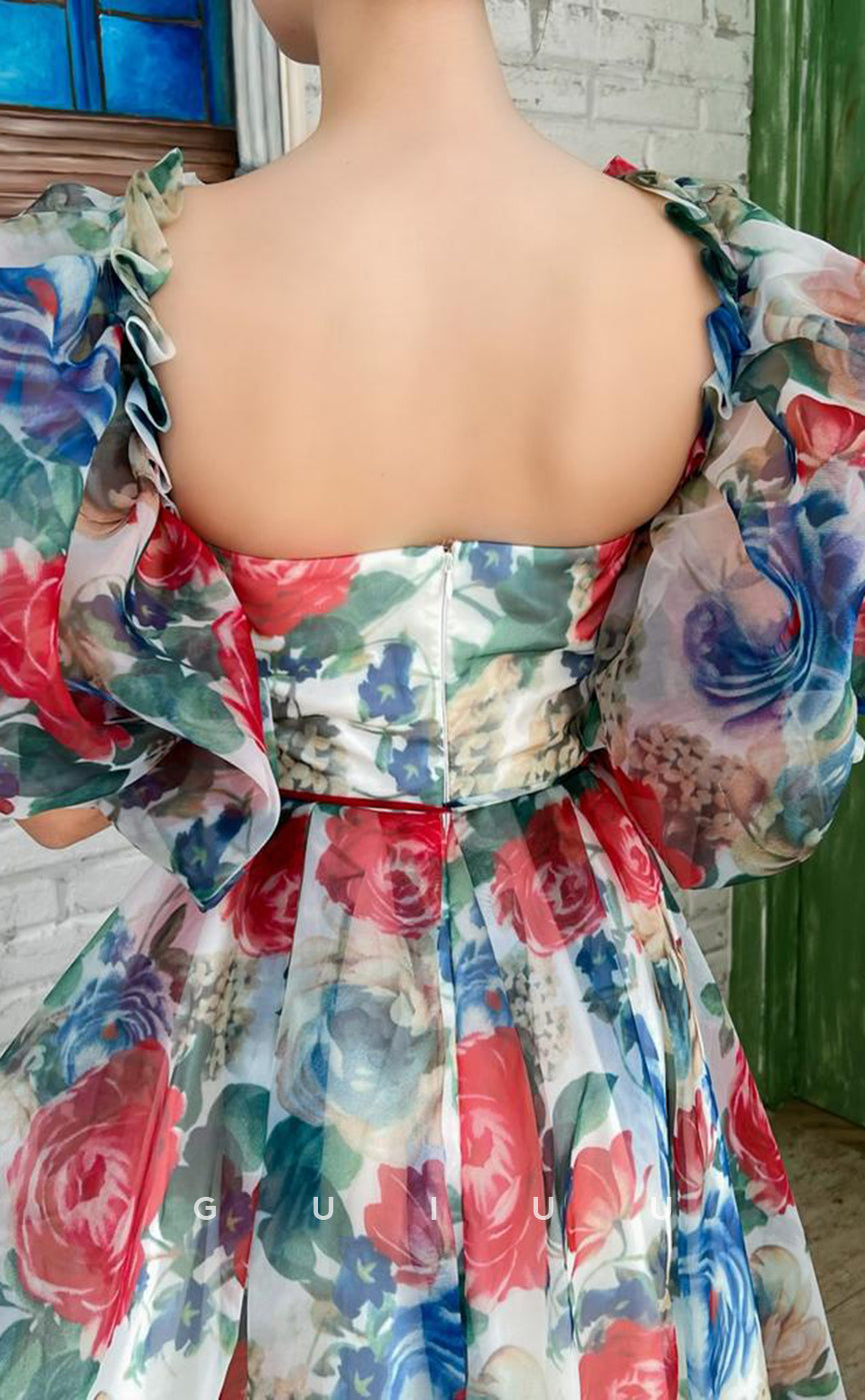 GH415 - A line Sweetheart Half Sleeves Floral Vintage Homecoming Dress with Pockets