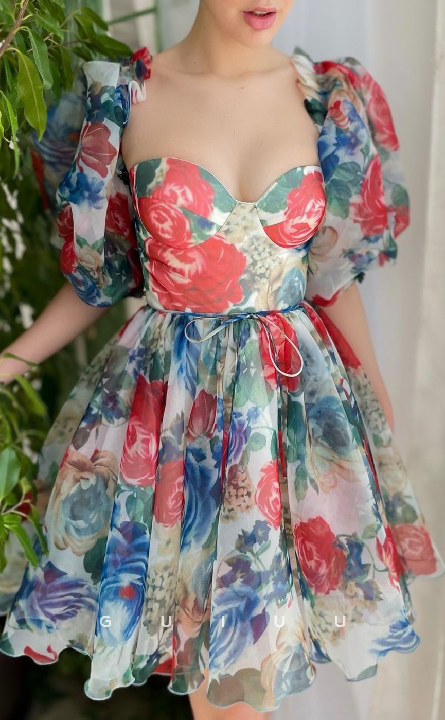 GH415 - A line Sweetheart Half Sleeves Floral Vintage Homecoming Dress with Pockets