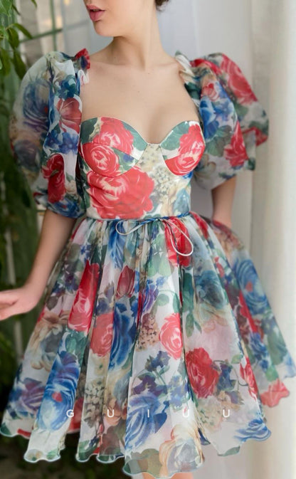 GH415 - A line Sweetheart Half Sleeves Floral Vintage Homecoming Dress with Pockets