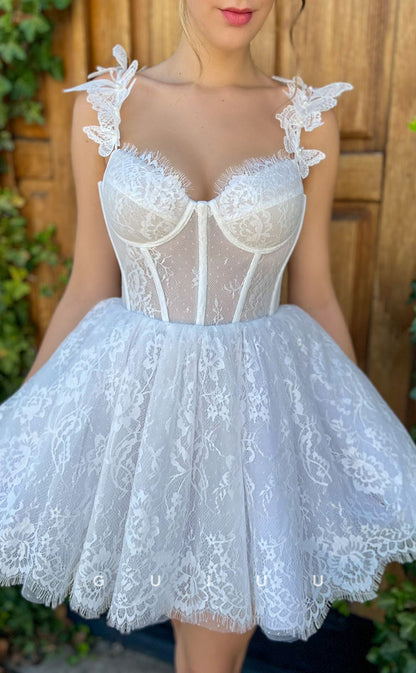 GH413 - A Line Sweetheart Ivory Lace Vintage Short Homecoming Dress with Pockets