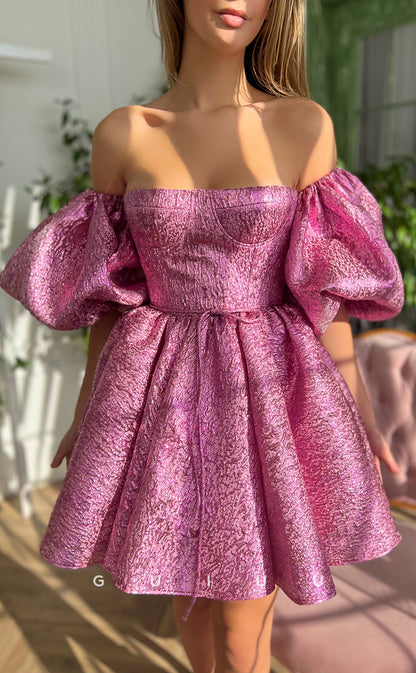 GH412 - A line Strapless Short Sleeves Pink Cute Homecoming Dress