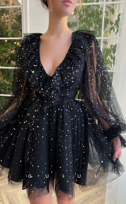 GH407 - A Line V Neck Long Sleeves Vintage Short Homecoming Dress