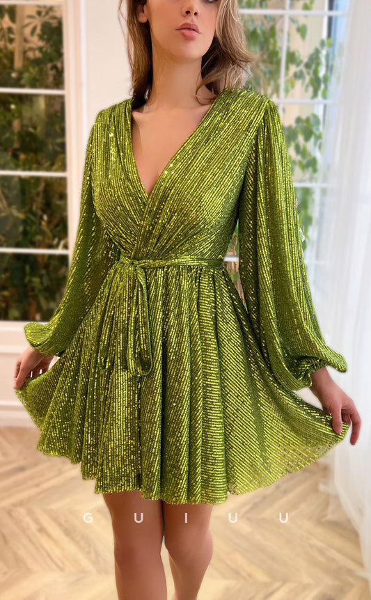 GH405 - A Line V Neck Long Sleeves Green Vintage Homecoming Dress