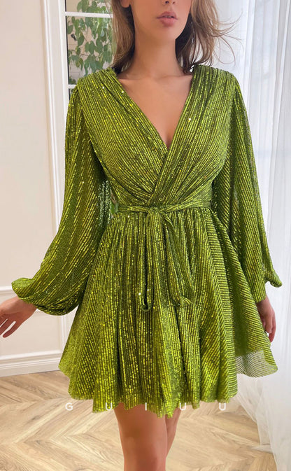 GH405 - A Line V Neck Long Sleeves Green Vintage Homecoming Dress