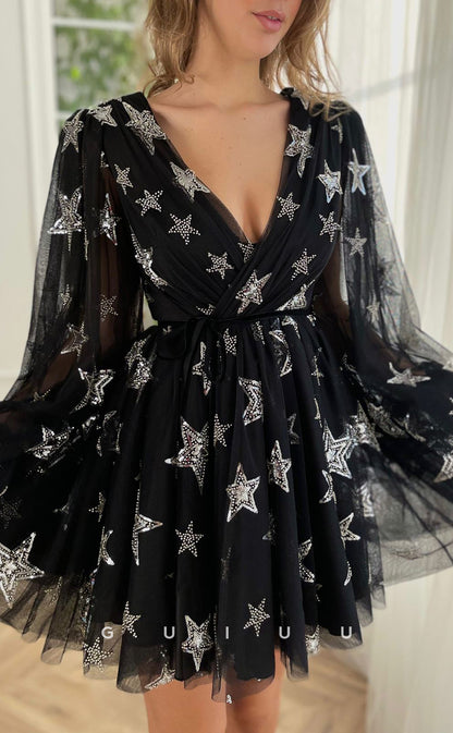 GH410 - A Line V Neck Long Sleeves Vintage Homecoming Dress with Pockets