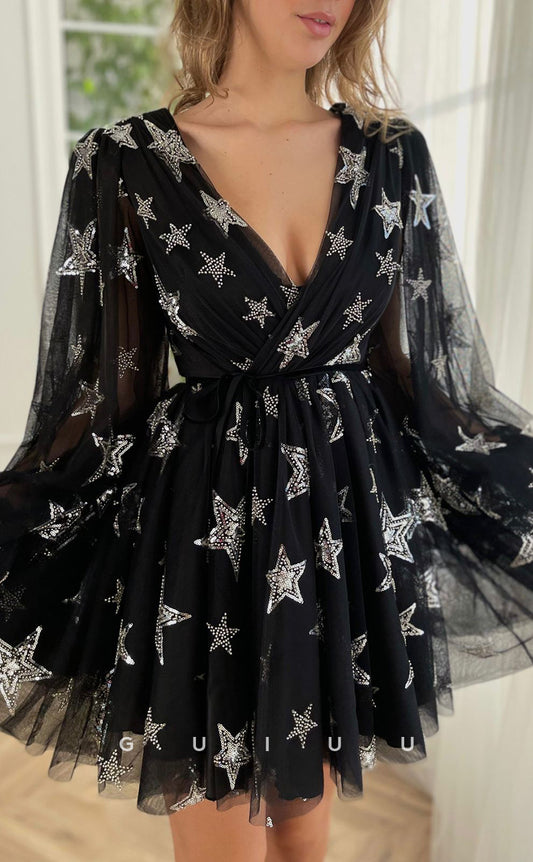 GH410 - A Line V Neck Long Sleeves Vintage Homecoming Dress with Pockets