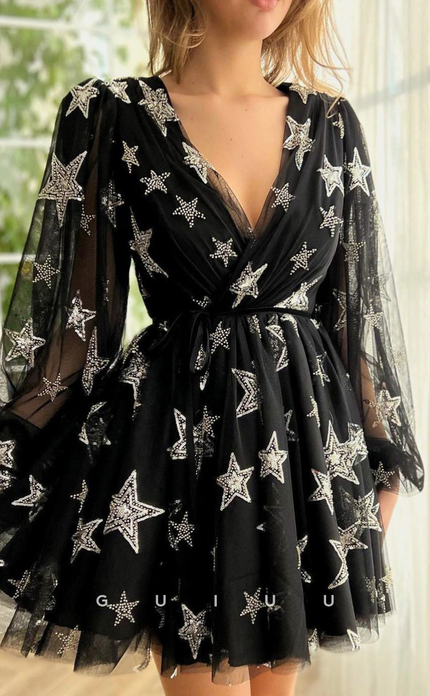 GH410 - A Line V Neck Long Sleeves Vintage Homecoming Dress with Pockets