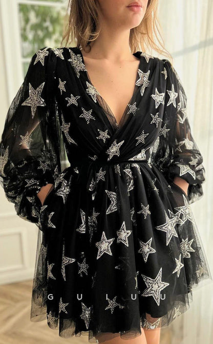 GH410 - A Line V Neck Long Sleeves Vintage Homecoming Dress with Pockets