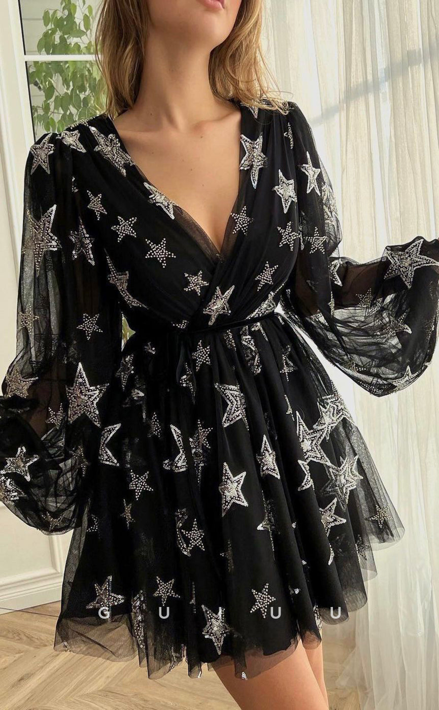 GH410 - A Line V Neck Long Sleeves Vintage Homecoming Dress with Pockets