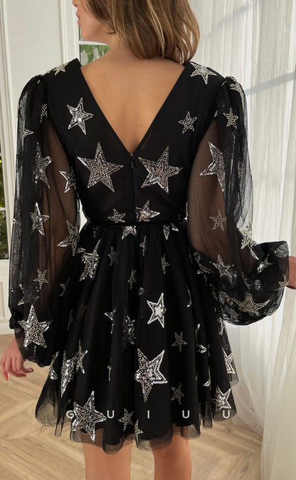 GH410 - A Line V Neck Long Sleeves Vintage Homecoming Dress with Pockets