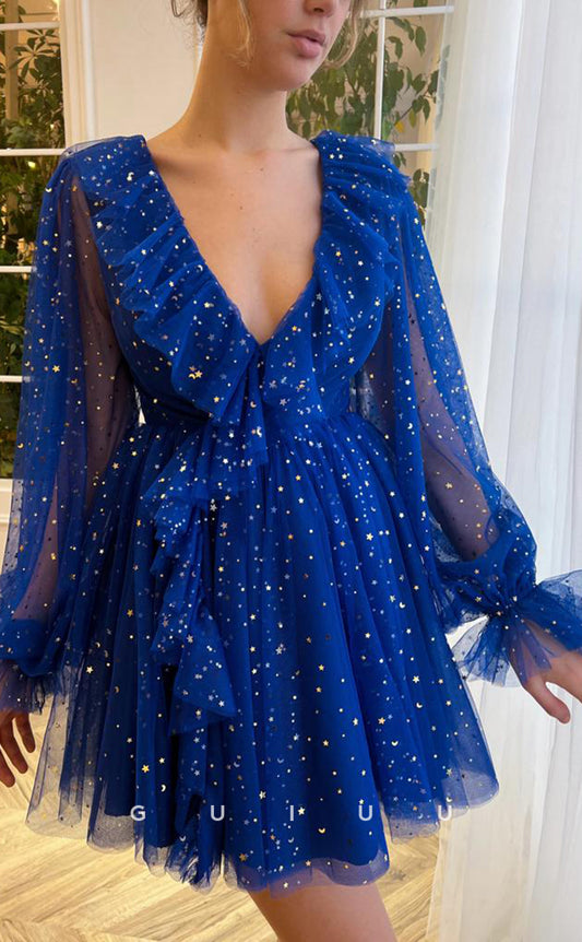 GH406 - A Line V Neck Ruffles Long Sleeves Vitage Homecoming Dress