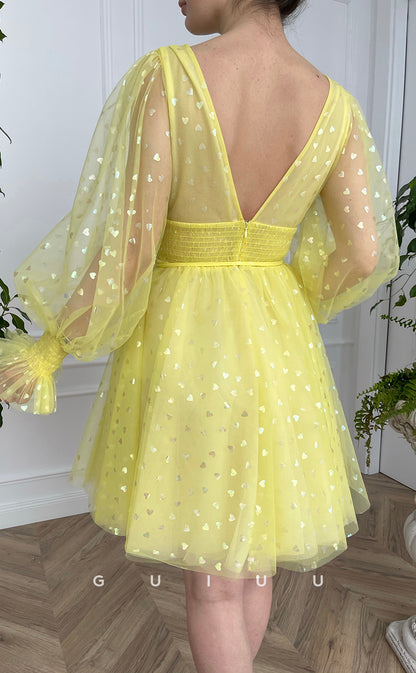 GH421 - A Line V Neck Long Sleeves Yellow Cute Homecoming Dress