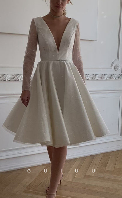 GW292 - Chic & Modern A-Line V-Neck Glitter Beach Boho Wedding Dress