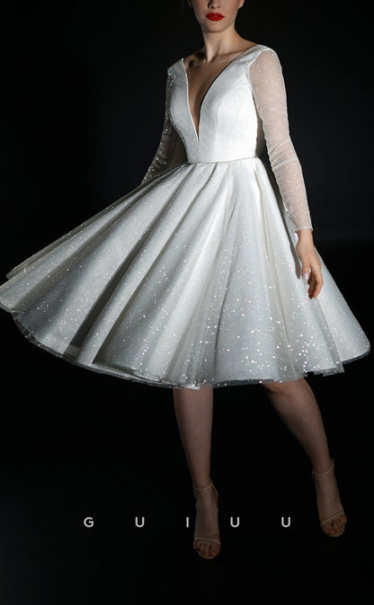 GW292 - Chic & Modern A-Line V-Neck Glitter Beach Boho Wedding Dress