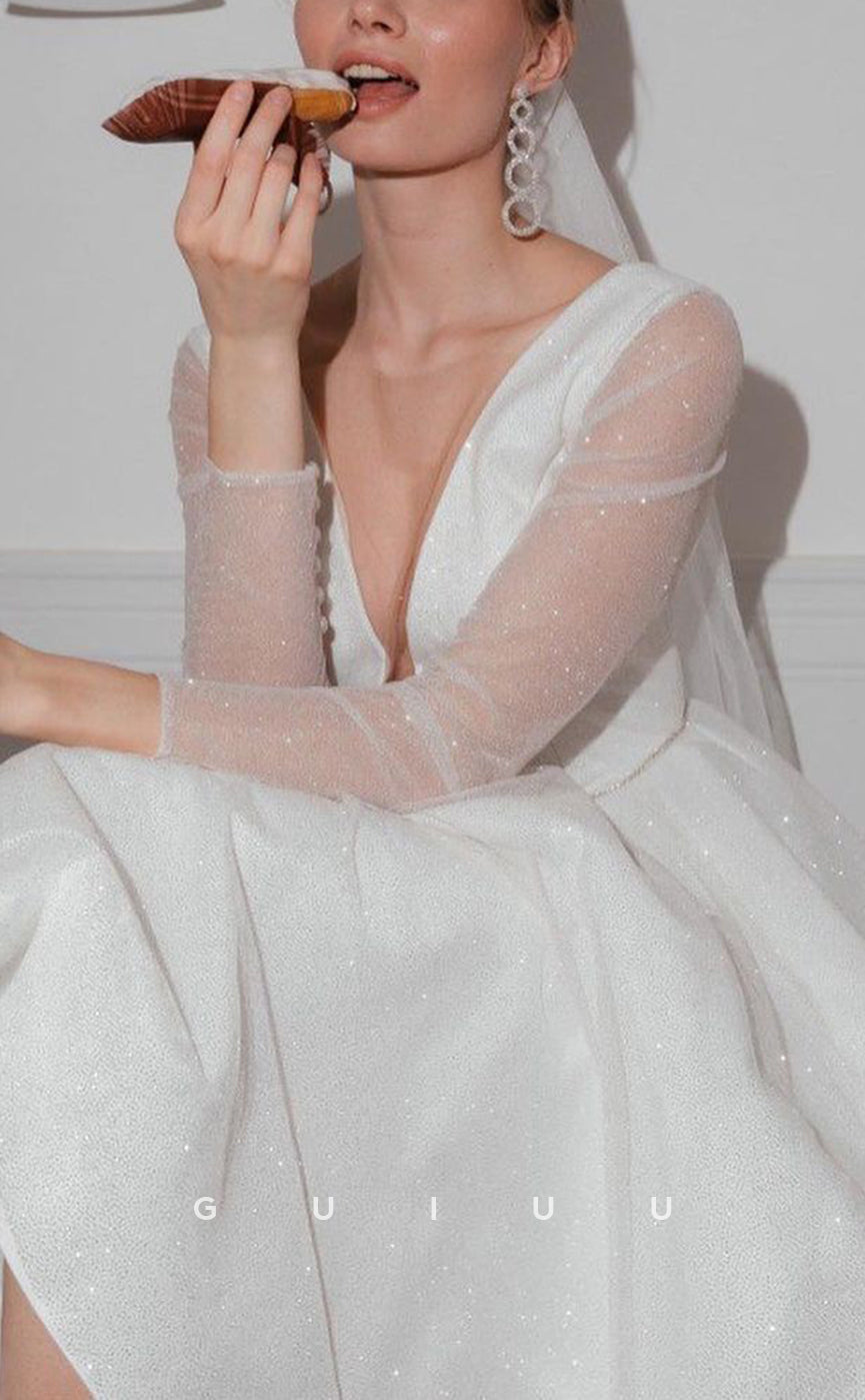 GW292 - Chic & Modern A-Line V-Neck Glitter Beach Boho Wedding Dress