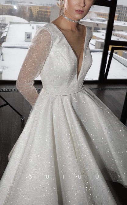 GW292 - Chic & Modern A-Line V-Neck Glitter Beach Boho Wedding Dress