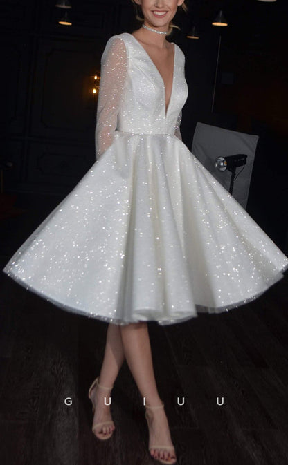 GW292 - Chic & Modern A-Line V-Neck Glitter Beach Boho Wedding Dress