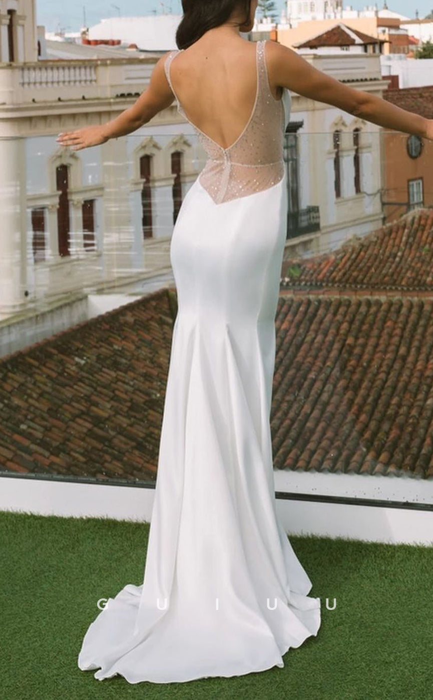 GW305 - Sexy & Fitted Mermaid Illusion Beaded Satin Beach Boho Wedding Dresses