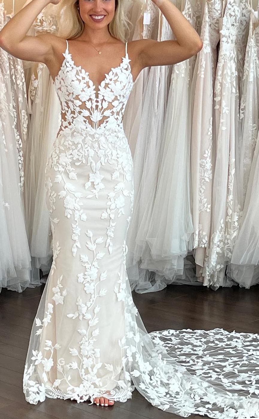 GW645 - Elegant & Luxurious Sheath V-Neck Straps Allover Floral Appliques Wedding Dress with Sweep Train