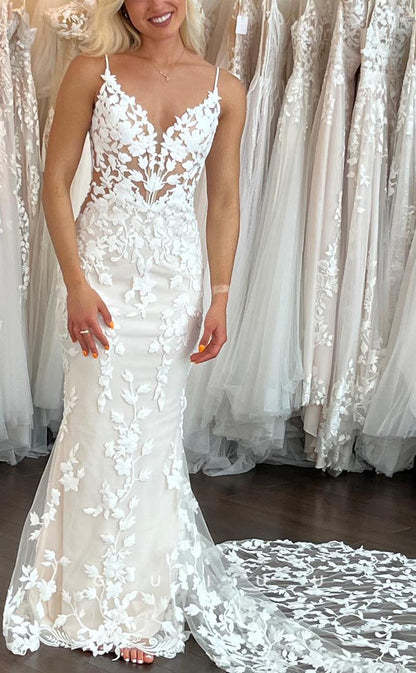 GW645 - Elegant & Luxurious Sheath V-Neck Straps Allover Floral Appliques Wedding Dress with Sweep Train