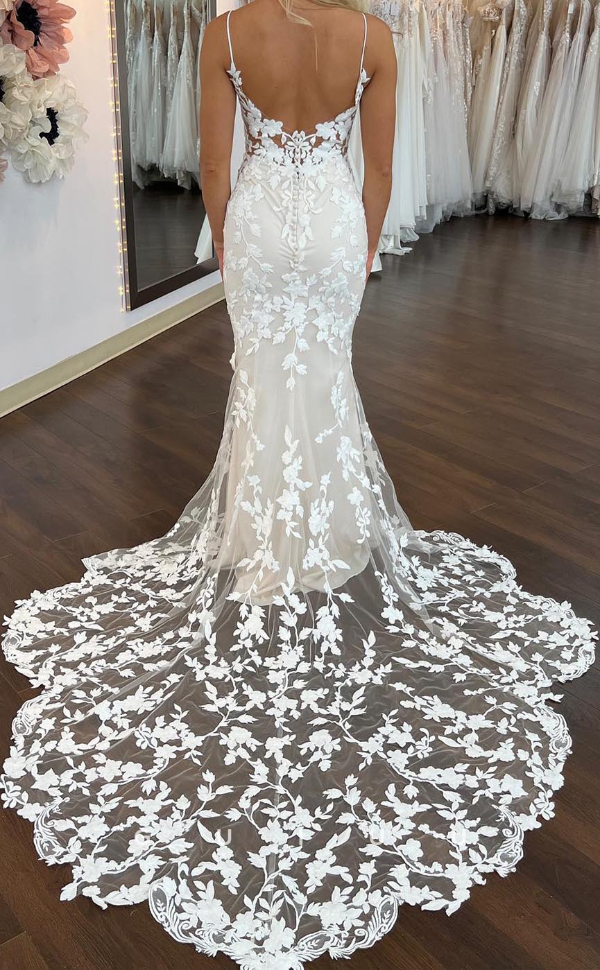 GW645 - Elegant & Luxurious Sheath V-Neck Straps Allover Floral Appliques Wedding Dress with Sweep Train