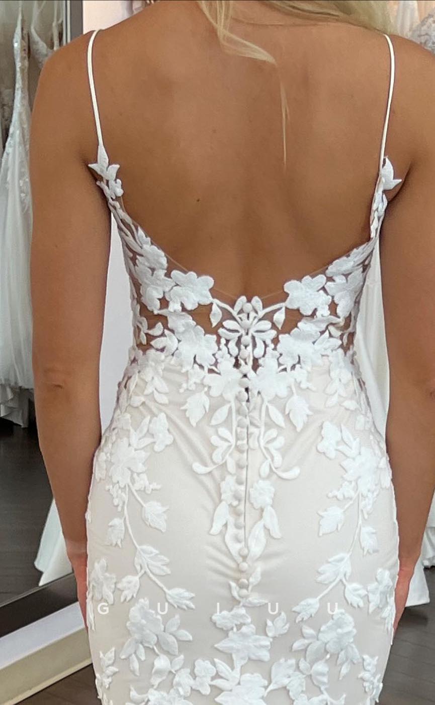 GW645 - Elegant & Luxurious Sheath V-Neck Straps Allover Floral Appliques Wedding Dress with Sweep Train