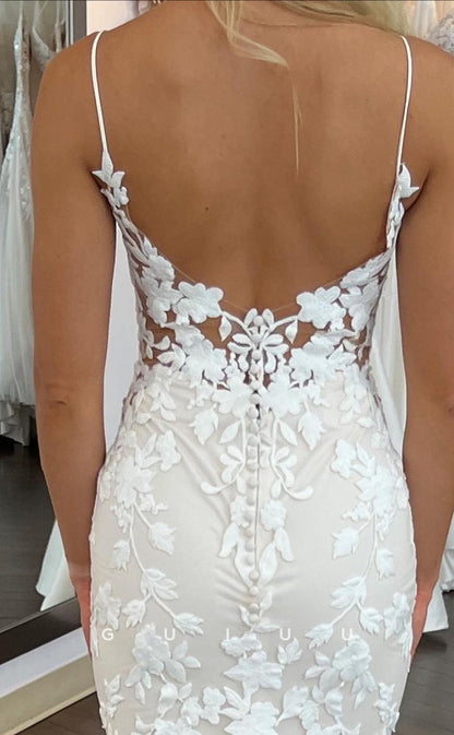 GW645 - Elegant & Luxurious Sheath V-Neck Straps Allover Floral Appliques Wedding Dress with Sweep Train