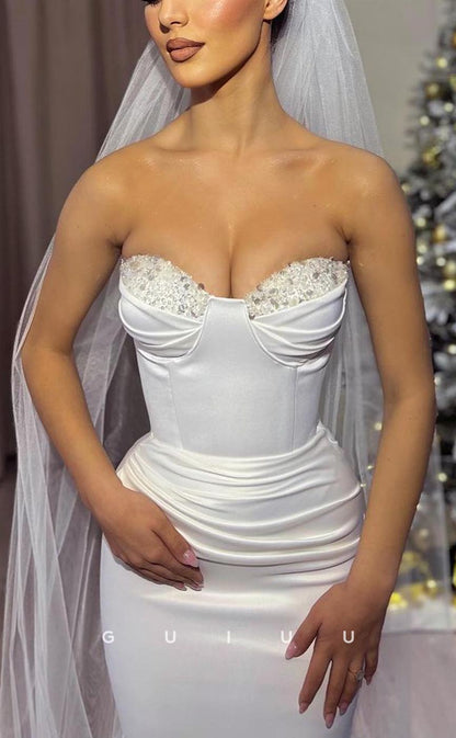 GW698 - Sexy & Hot Sheath Sweetheart Draped and Beaded Floor-Length Boho Wedding Dress