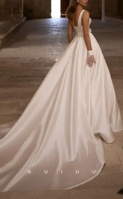 GW759 - Chic & Modern A-Line Square Draped Wedding Dress with Bowknot and Sweep Train