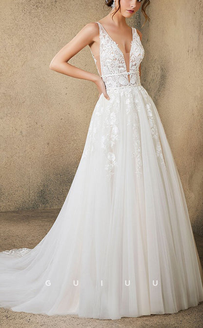 GW794 - Chic & Modern A-Line V-Neck Floral Appliqued and Draped Boho Wedding Dress