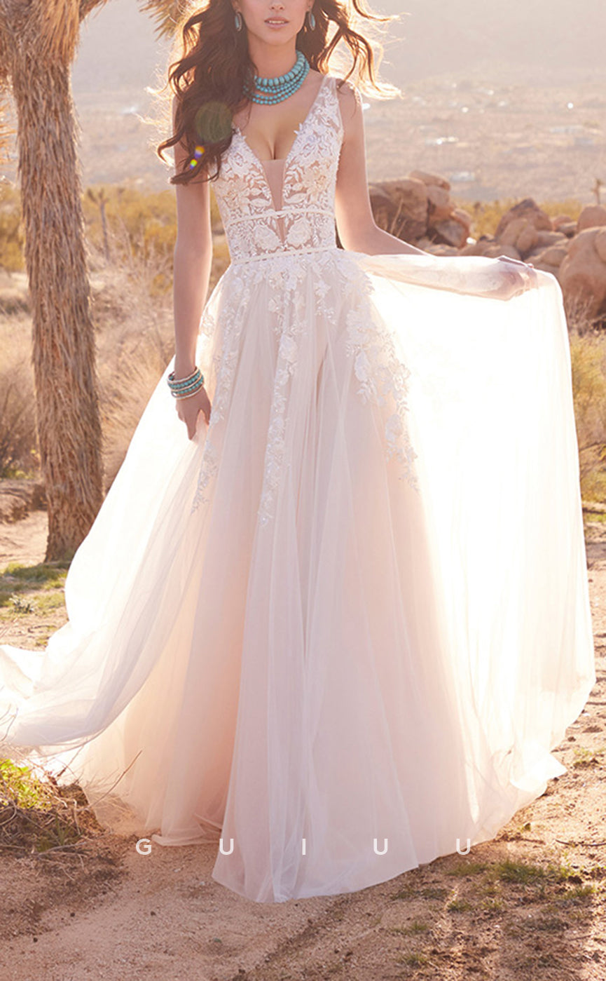 GW794 - Chic & Modern A-Line V-Neck Floral Appliqued and Draped Boho Wedding Dress