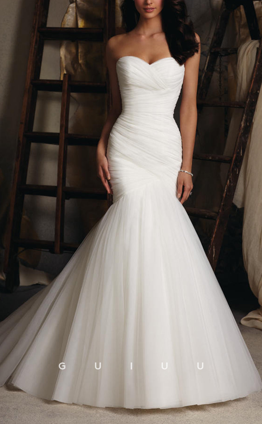 GW795 - Classic & Timeless Trumpet Sweetheart Draped Boho Wedding Dress with Sweep Train
