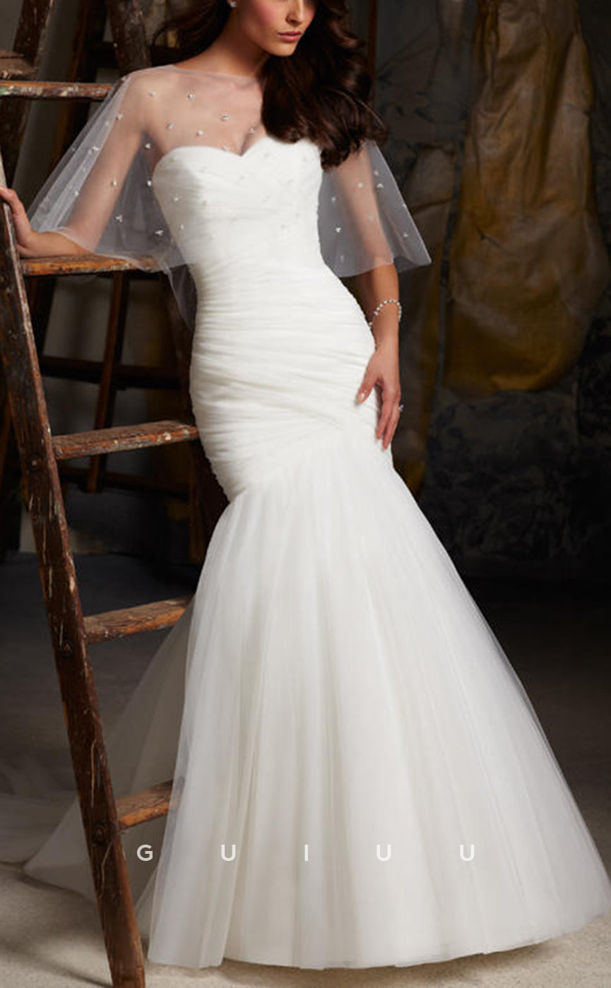 GW795 - Classic & Timeless Trumpet Sweetheart Draped Boho Wedding Dress with Sweep Train