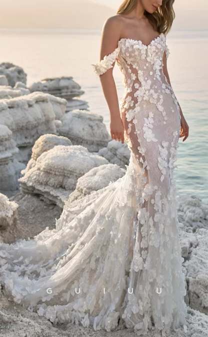 GW800 - Sexy & Hot Mermaid Off Shoulder Floral Embossed Illusion Lace Boho Wedding Dress
