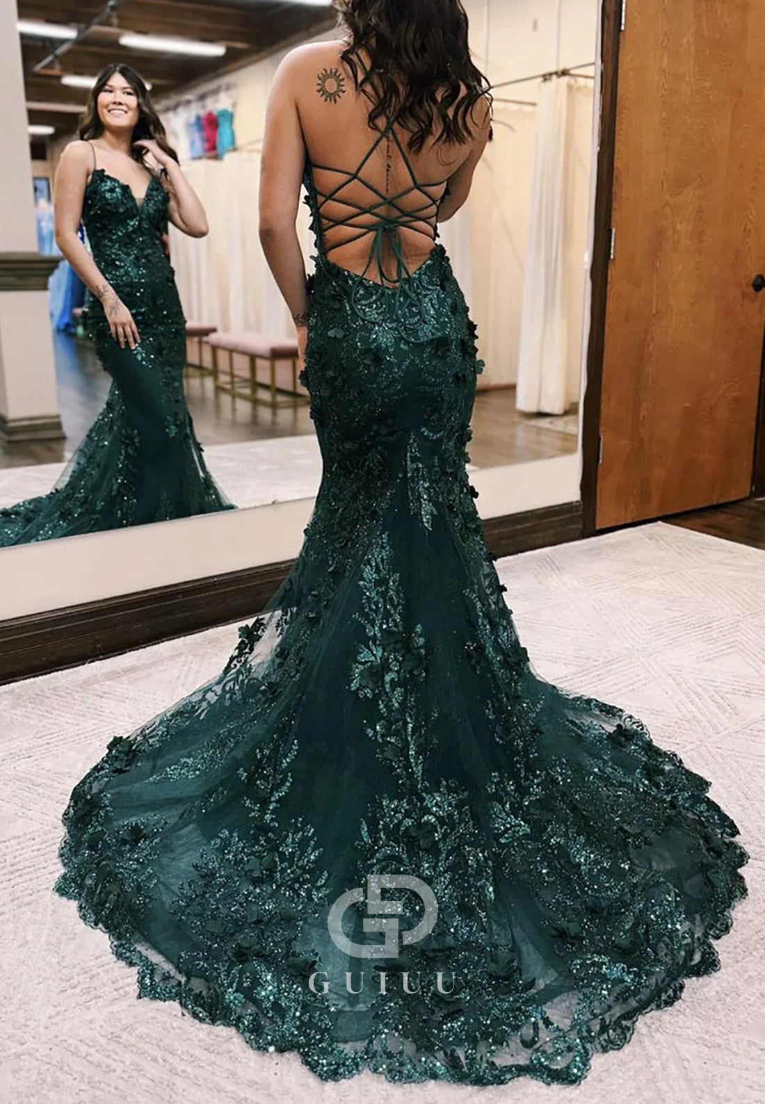 Glitter Dark Green Mermaid Spaghetti Straps Lace Up Prom Dress